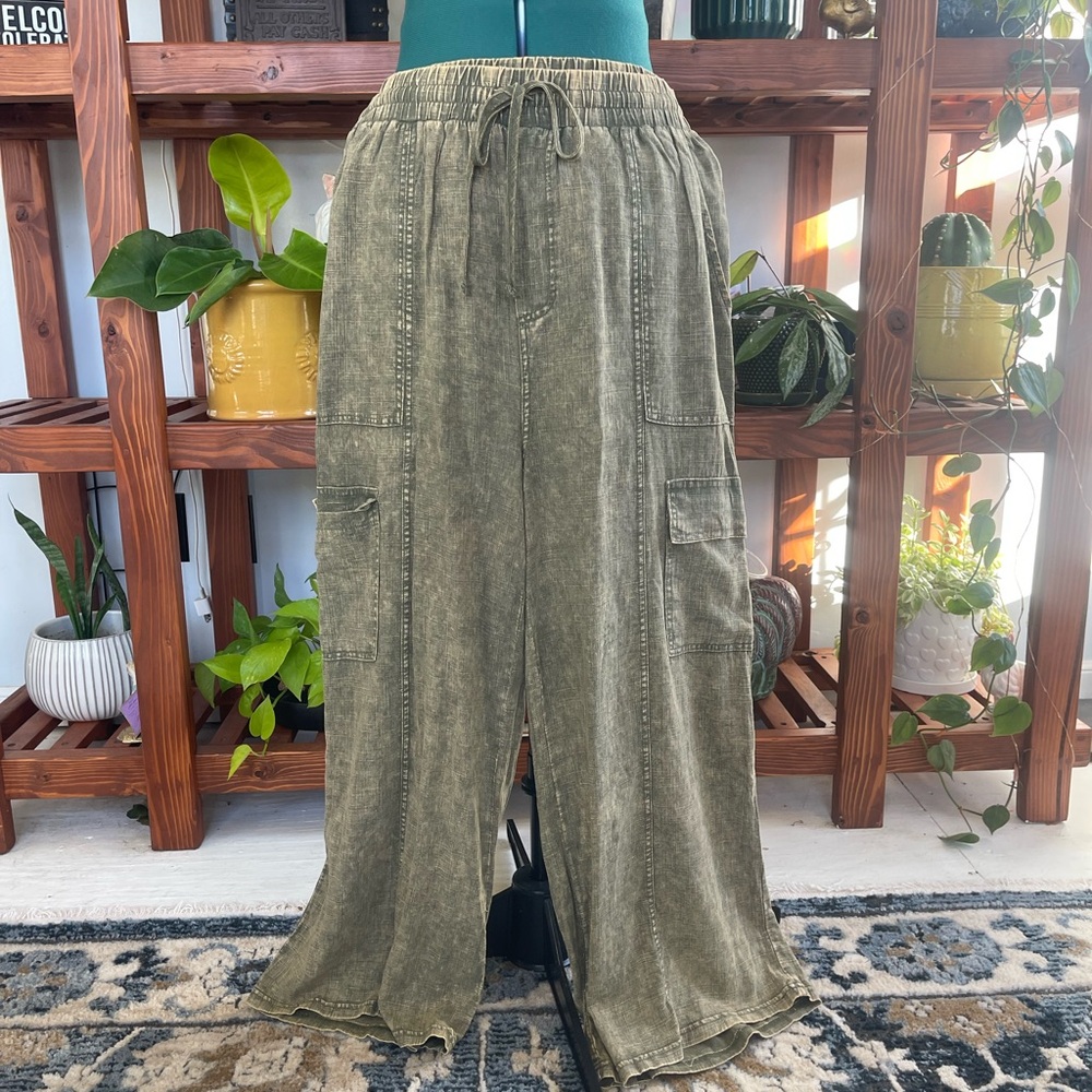 Olive Green acid wash Cargo Pants